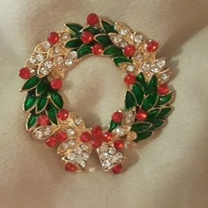 X-Mas Wreath Pin, Red, Clear Rhinestone, Gold Tone